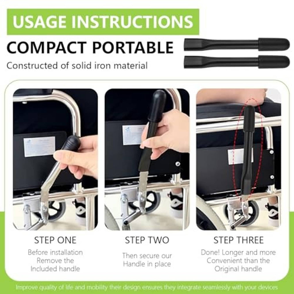 Two black wheelchair brake extension rods for transport chairs