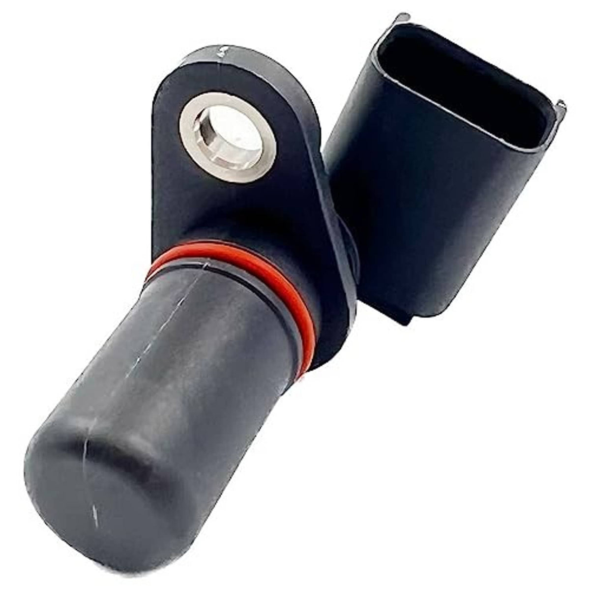 Crankshaft position sensor with dark blue housing, red seal ring, and metal mounting plate