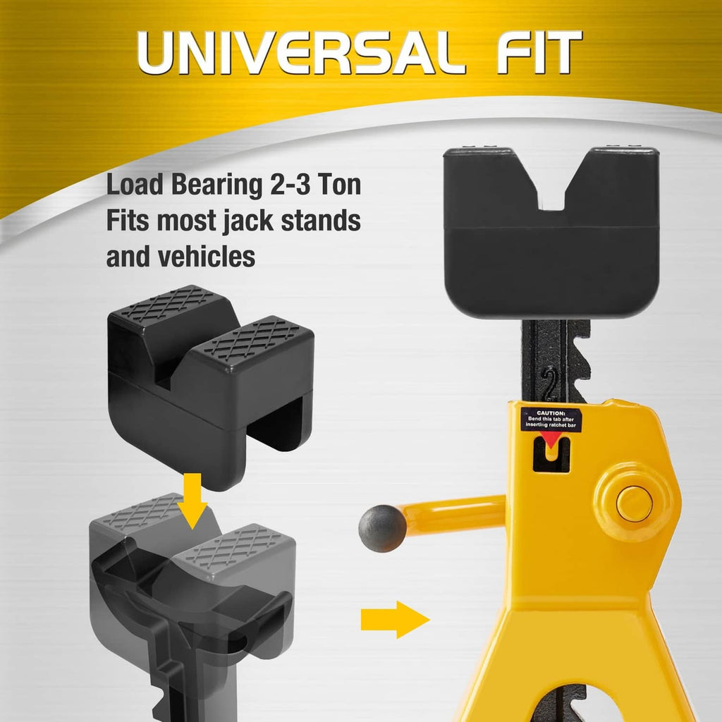 Black rubber jack pad protectors shown on a jack stand for universal rail pinch protection