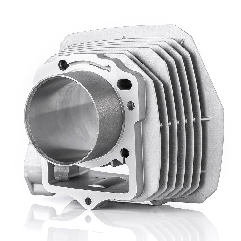 Aluminum cylinder with cooling fins from cylinder top end rebuild kit, close-up view