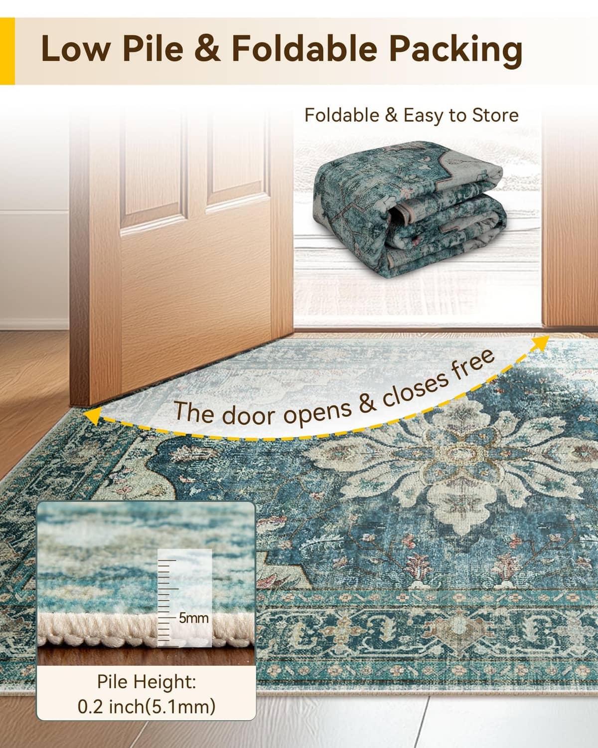 Rectangular vintage dark blue low-pile area rug with ornate floral medallion design