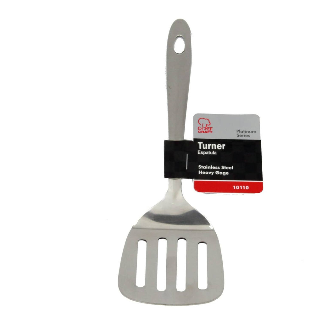 Stainless steel turner spatula in retail pack, heavy gauge, hanging hole.