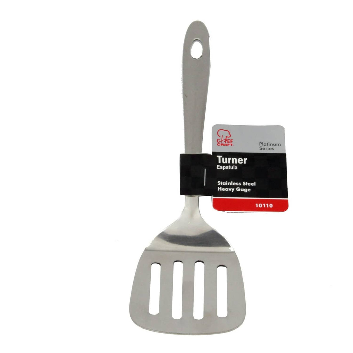 Stainless steel turner spatula in retail pack, heavy gauge, hanging hole.