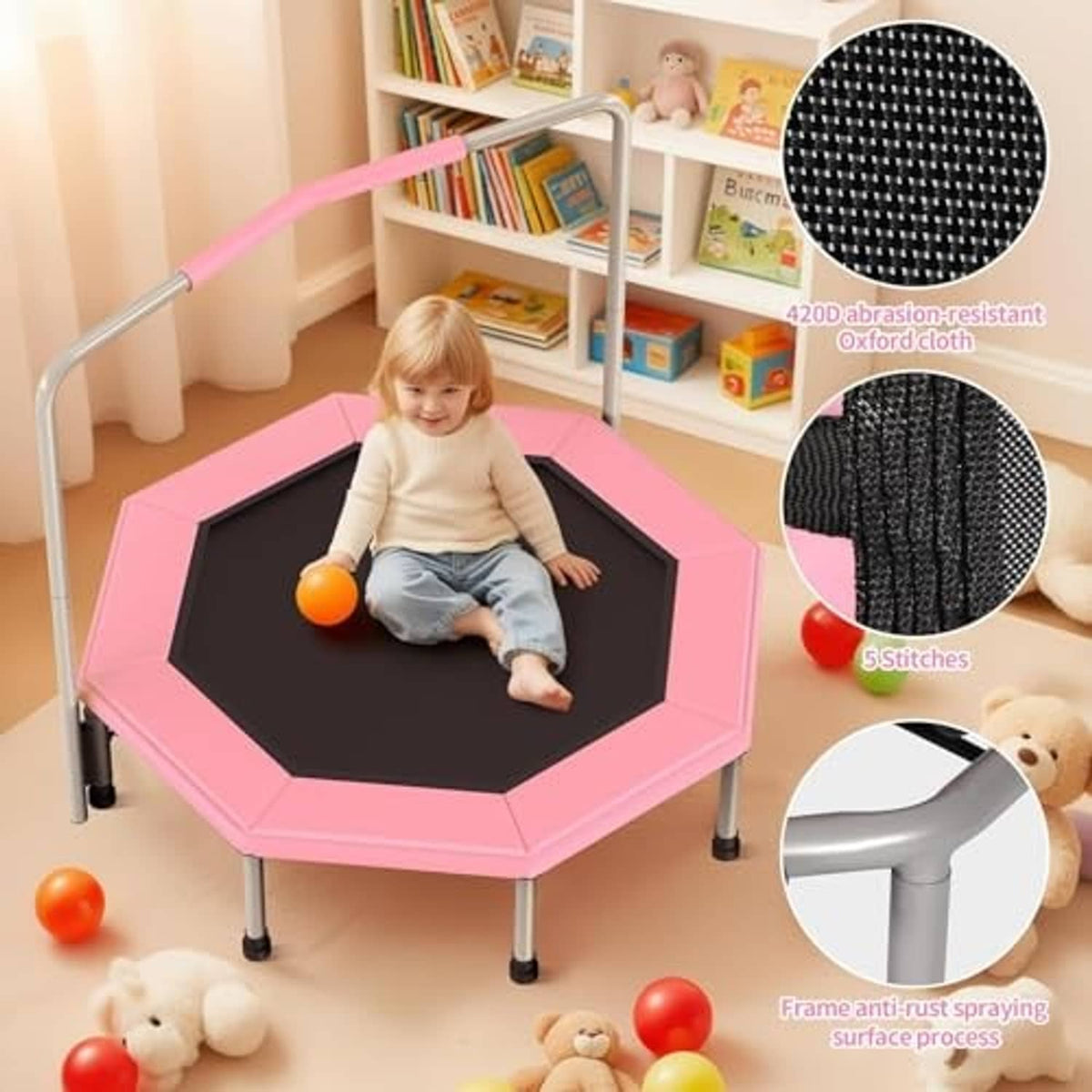 Pink mini trampoline with black octagon bounce mat, sturdy legs, and child playing