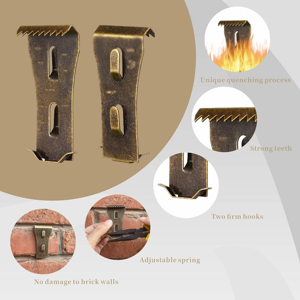 Bronze brick hanger clips with serrated teeth, two oval slots, and dual hook openings