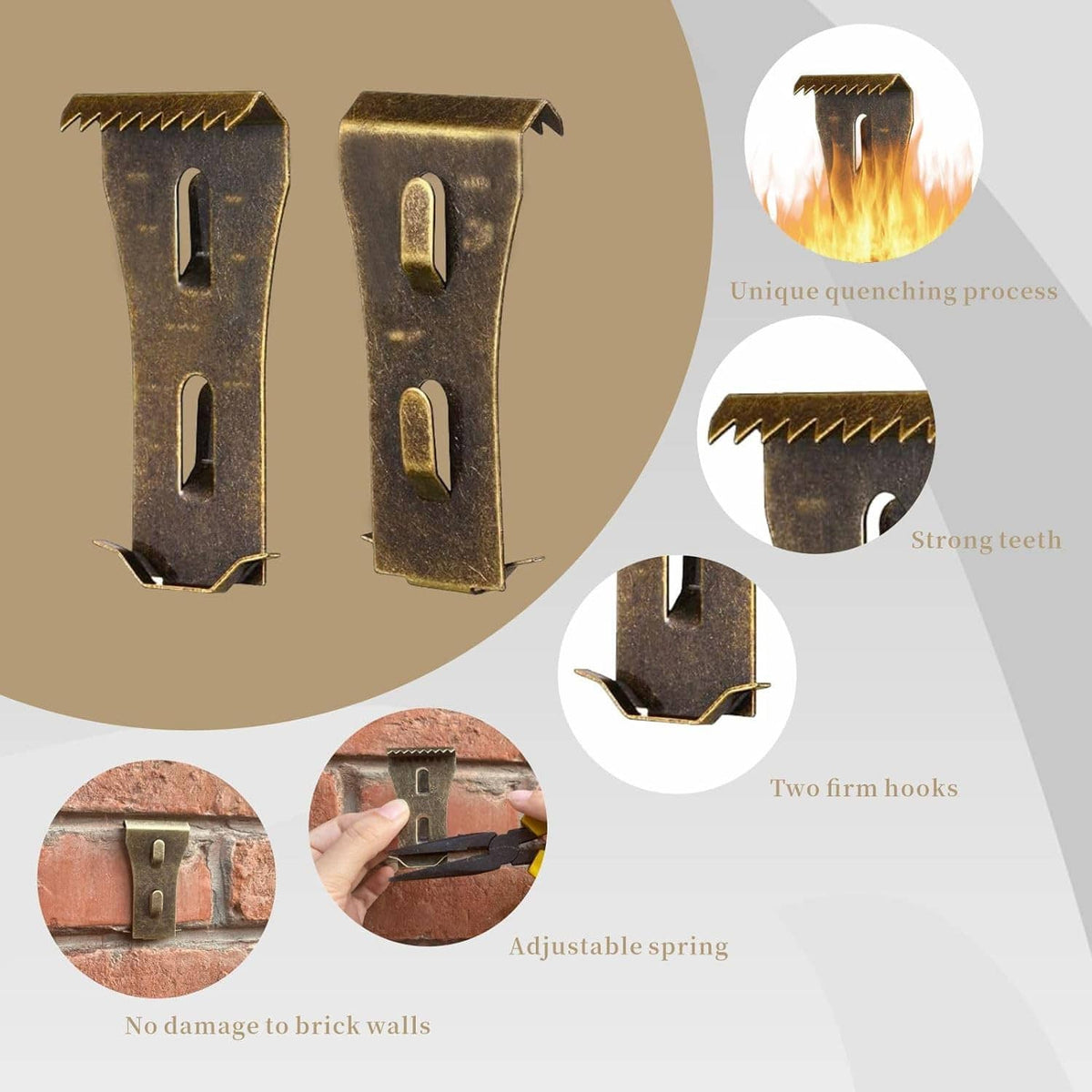 Bronze brick hanger clips with serrated teeth, two oval slots, and dual hook openings