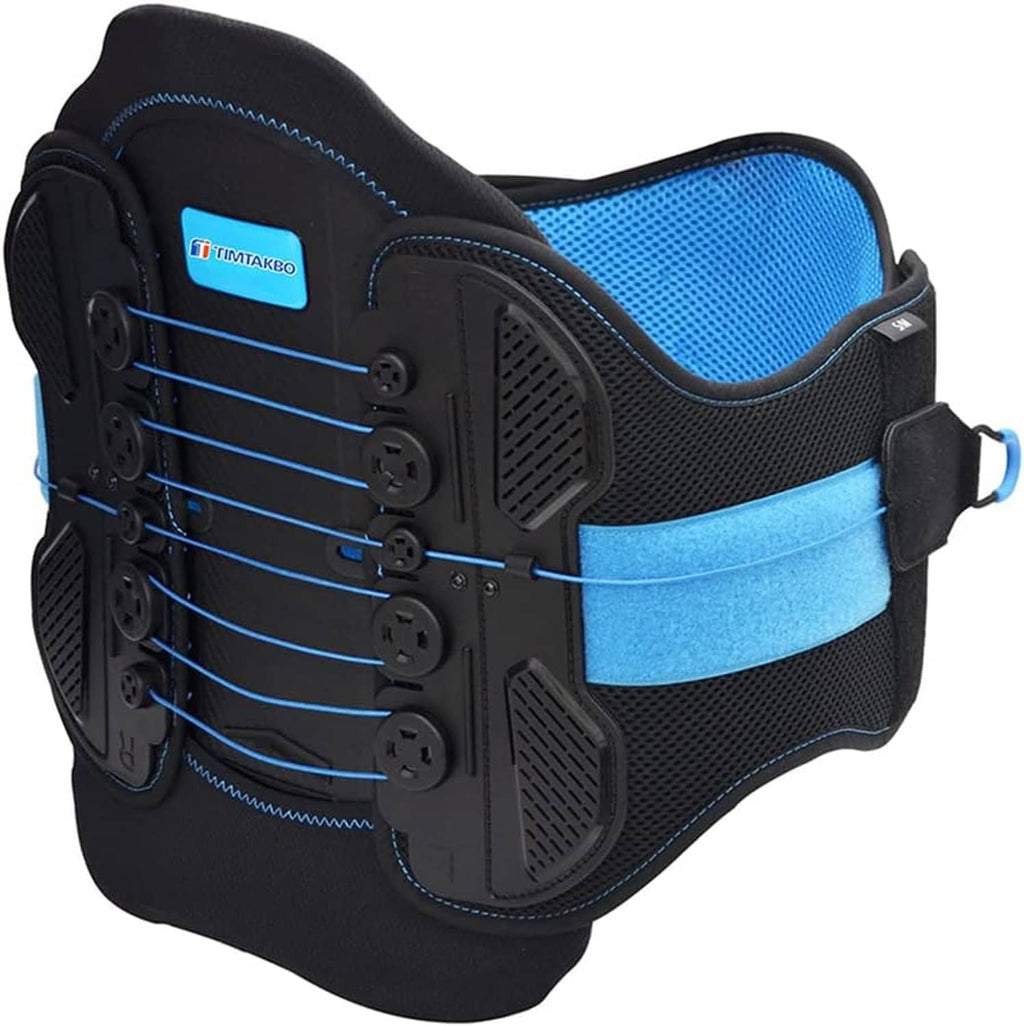 Adjustable back brace with blue pad and black mesh, featuring adjustable front straps