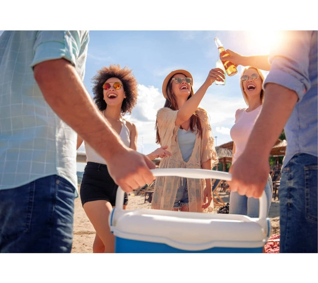 White cooler with blue sides, lid open as hands reach inside