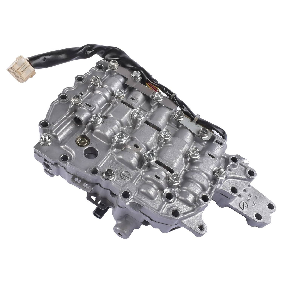 CVT valve body assembly with stepper motor, silver metal casing and wiring connections