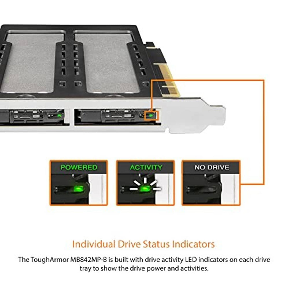 Dual M.2 NVMe adapter with LED drive-status indicators for powered and activity states.