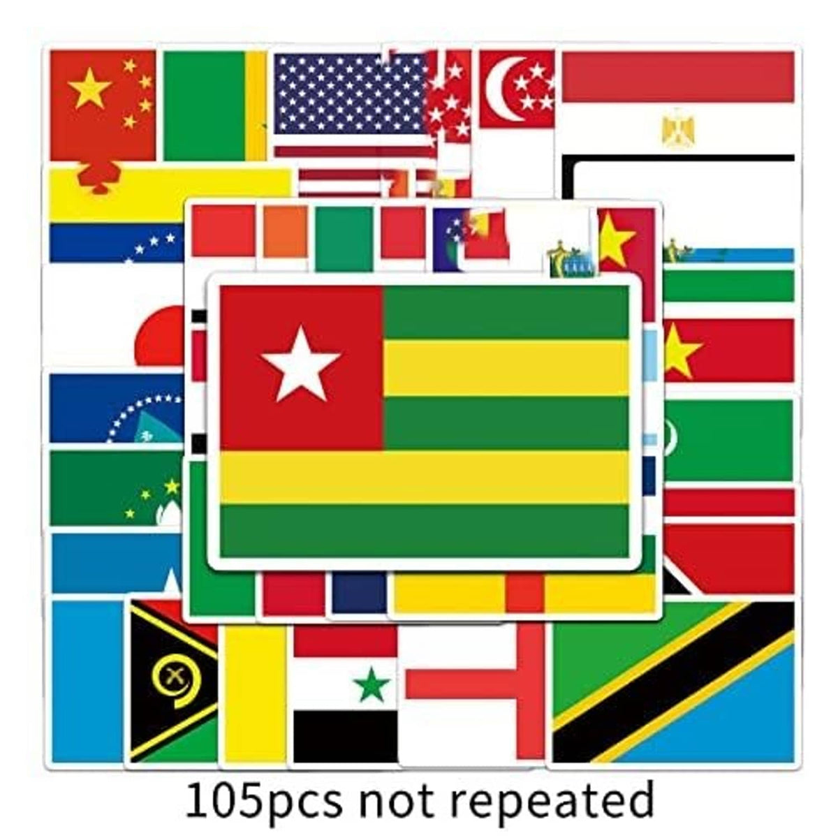 Assorted rectangular vinyl flag stickers, multiple countries shown in layered layout