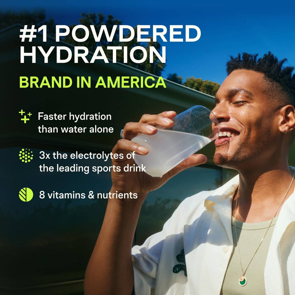 Man sipping Liquid I.V. hydration drink mix from a water bottle; faster hydration claim.