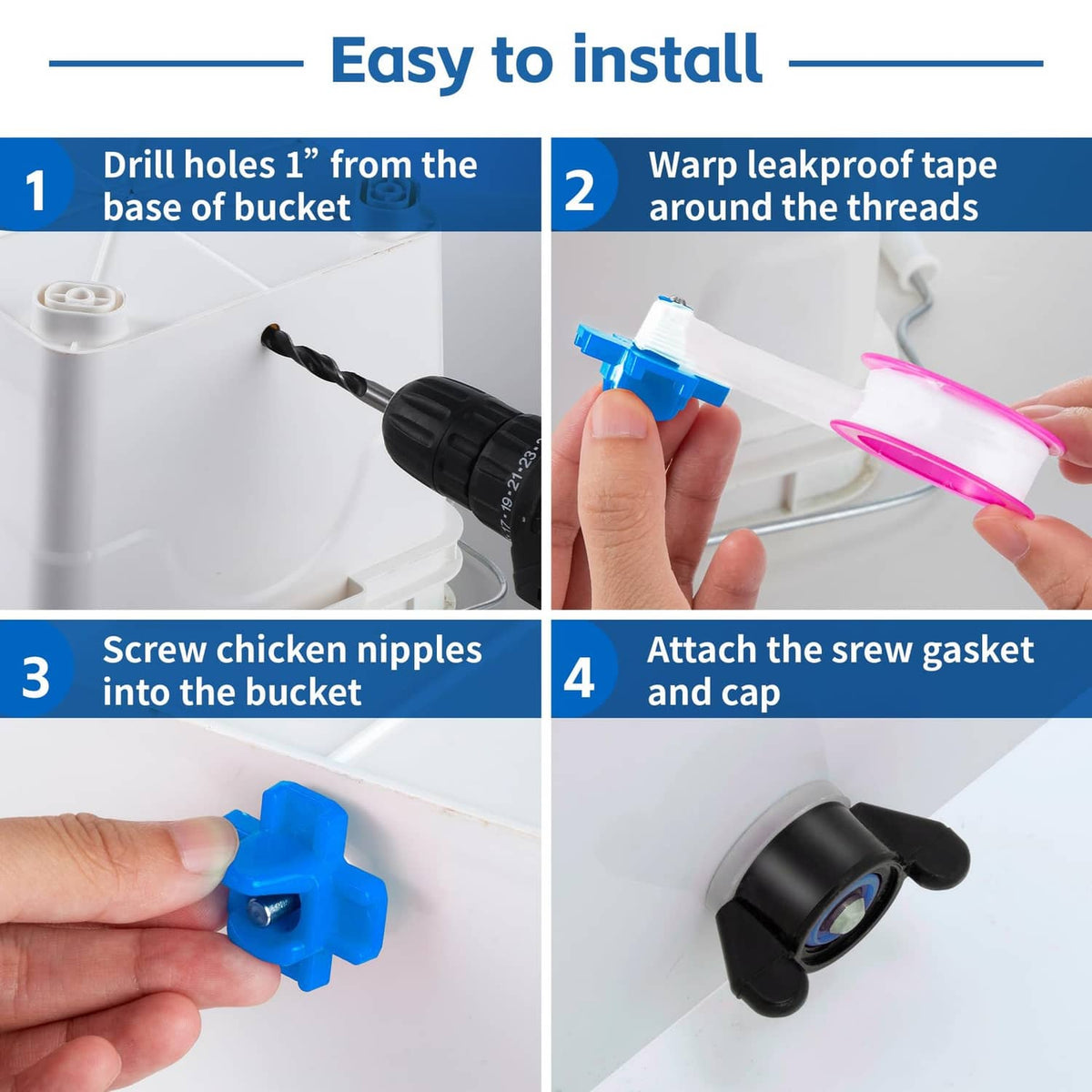 Automatic chicken waterer nipple installation parts with blue nipples and cap