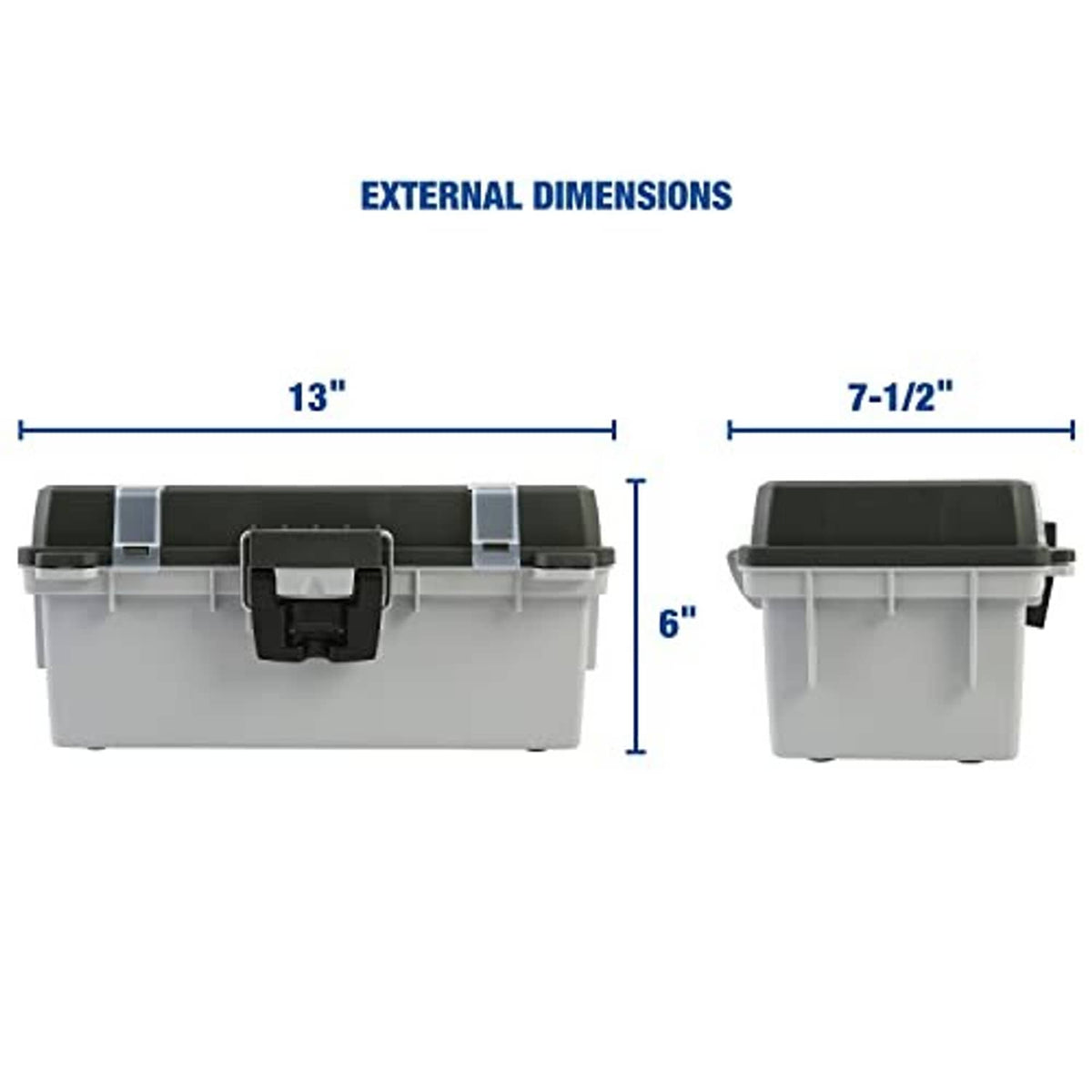 Grey tackle box with side latch; labeled dimensions shown: 13 in and 7-1/2 in