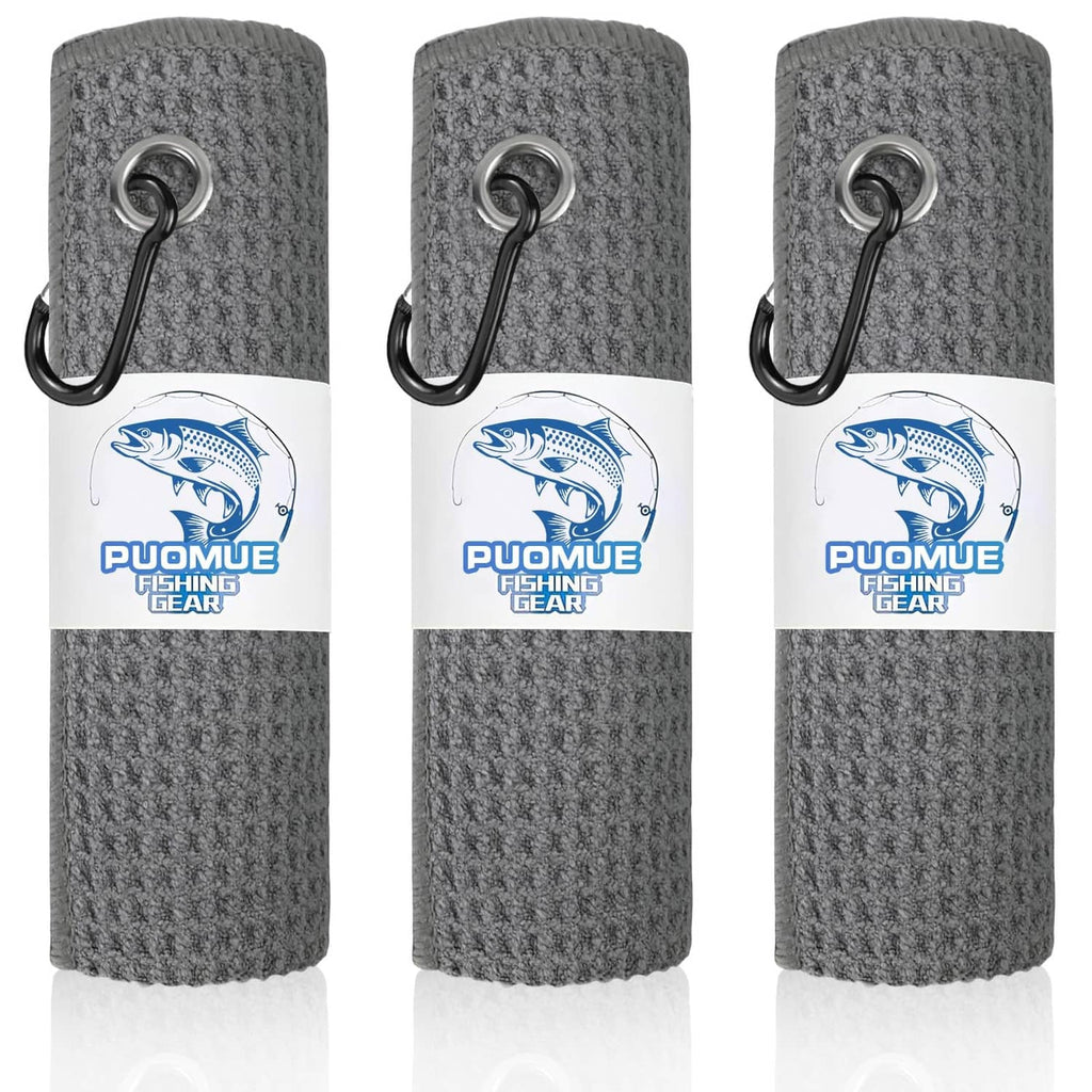 3-pack grey microfiber fishing towels with metal carabiner clips