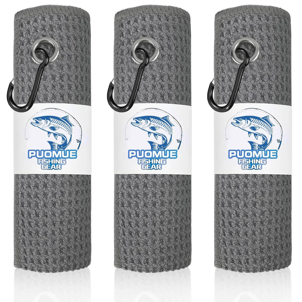 3-pack grey microfiber fishing towels with metal carabiner clips