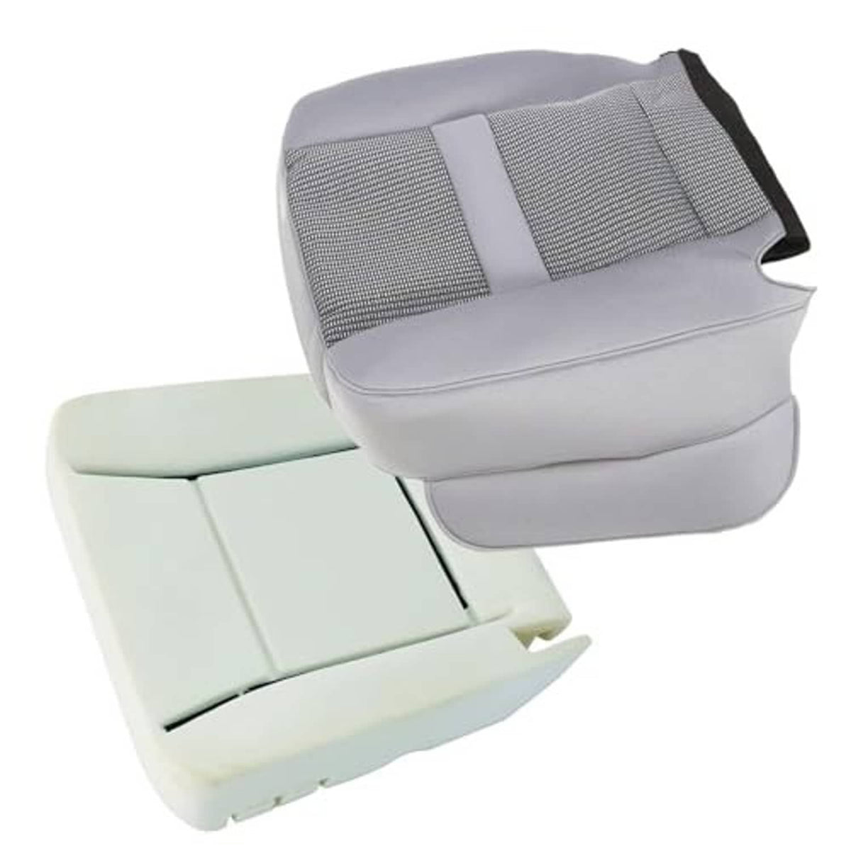 Gray cloth driver-side seat bottom cover with foam cushion, side cutout and stitched panels