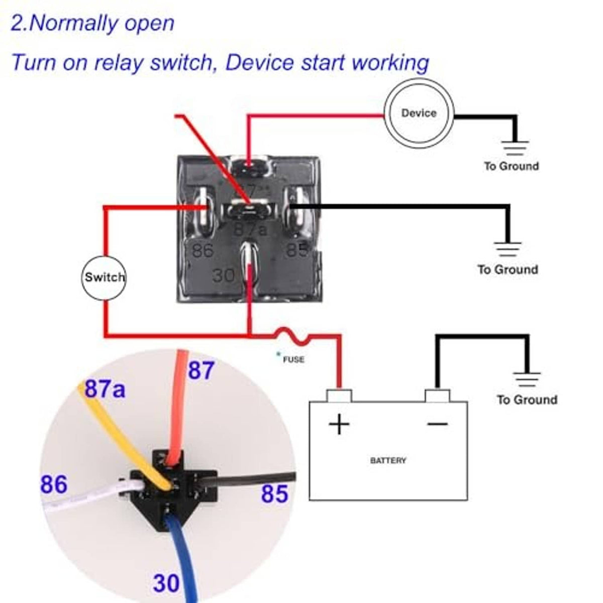 SPDT relay harness wiring diagram with normally open contact and ground