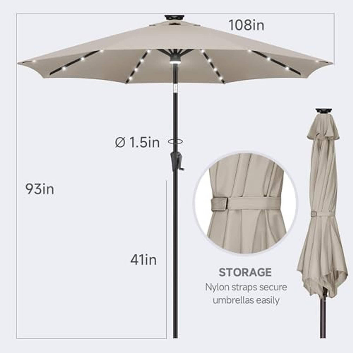 Taupe 9 ft patio umbrella with center light, storage strap, and size diagram