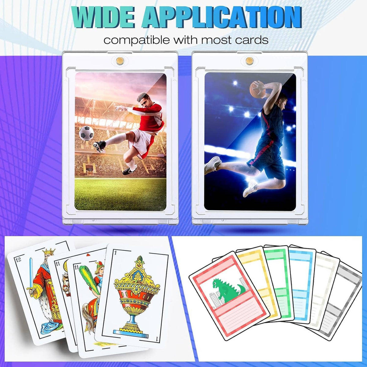 Clear magnetic acrylic card holder with hinged frame, fits standard trading cards