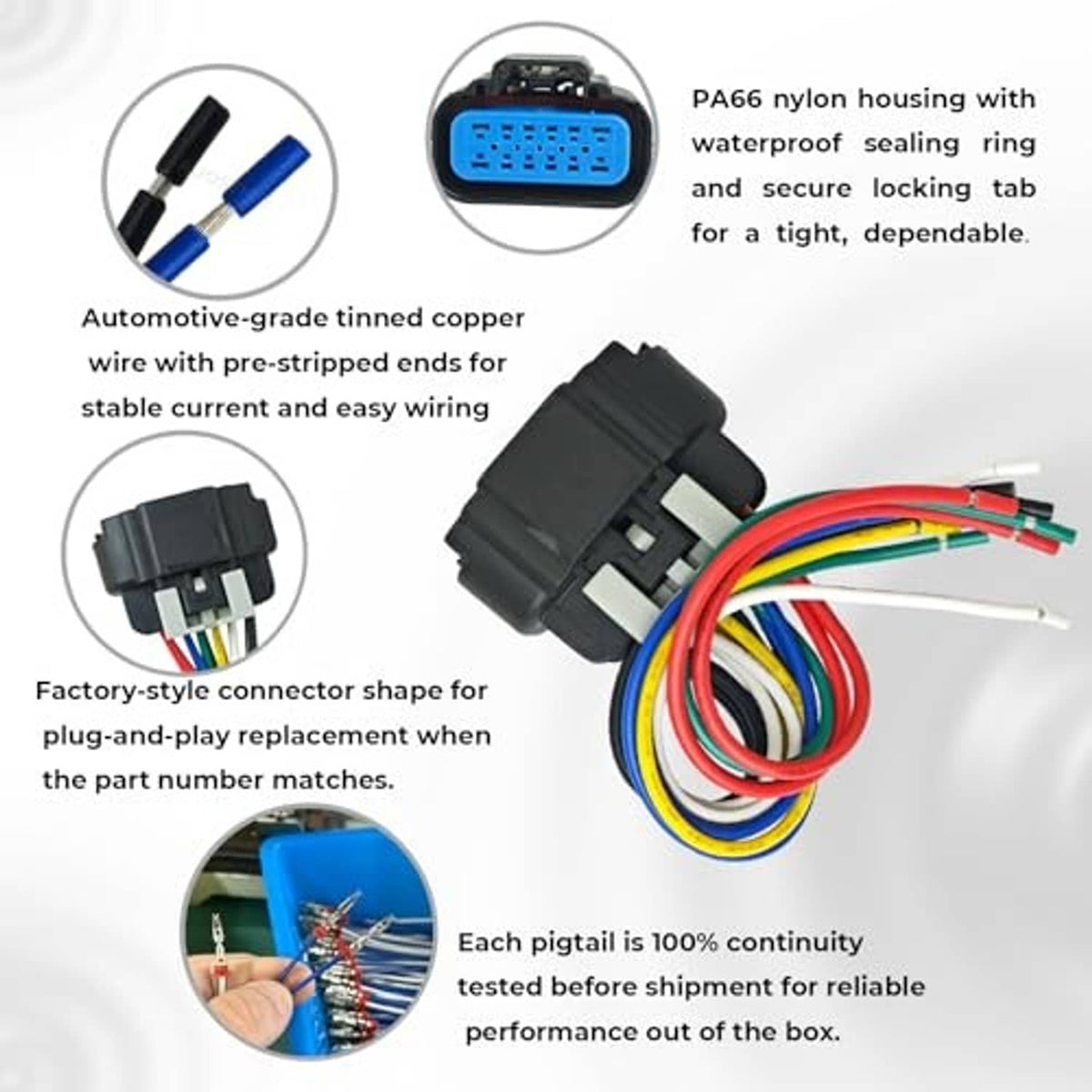 Headlight connector pigtail with black housing, blue seal ring, and multicolor wires
