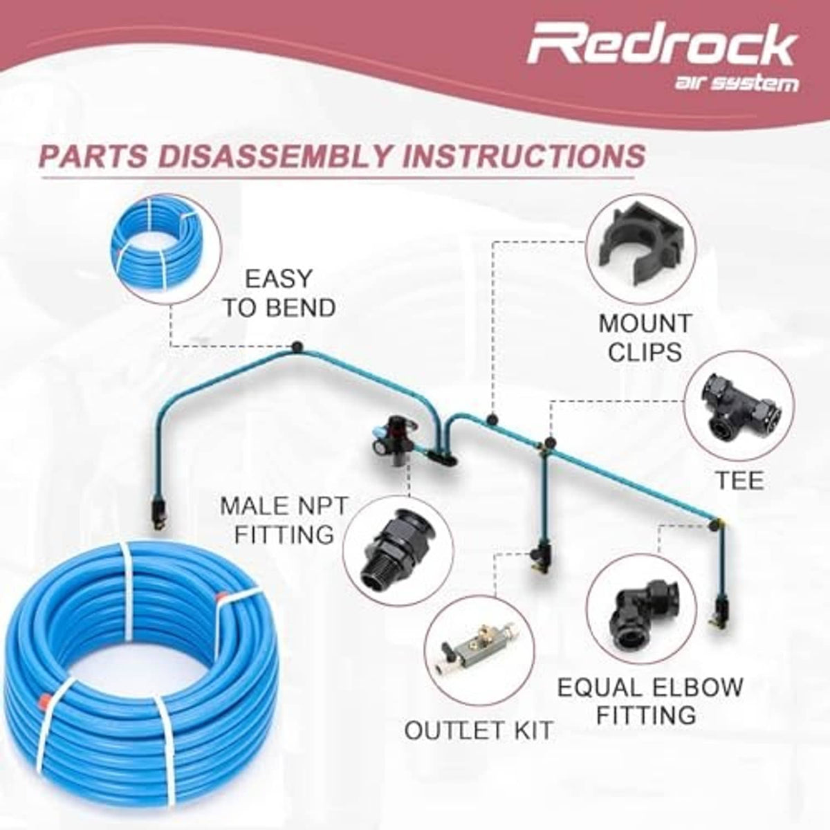 Compressed air piping kit diagram with blue tubing and labeled mounting clamps and fittings