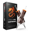 Tattoo cartridge box and two black cartridges with orange collars and needle tips