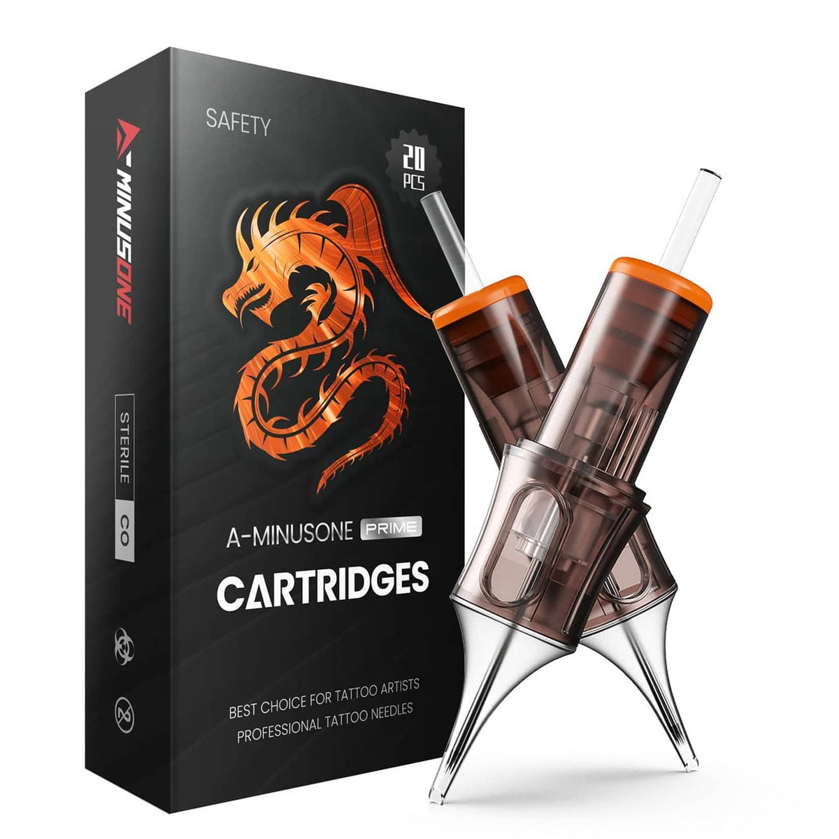 Tattoo cartridge box and two black cartridges with orange collars and needle tips