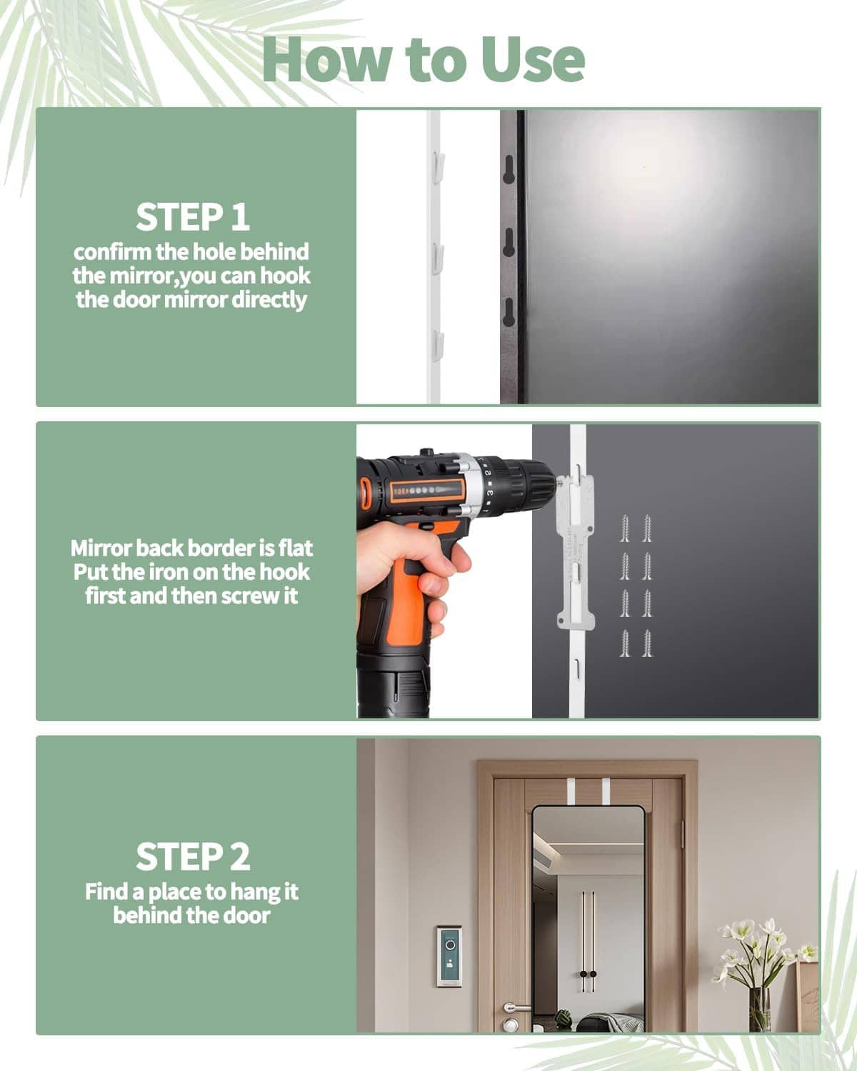 Over-the-door mirror hanger set installation steps with hooks and mounting screws