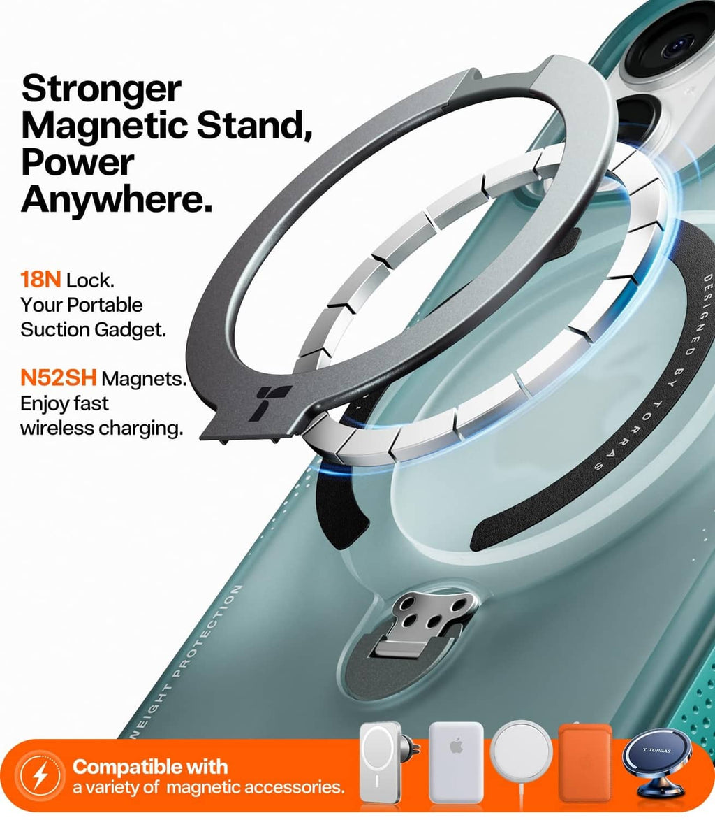 Teal phone case with circular stand ring and grip rails around the edges