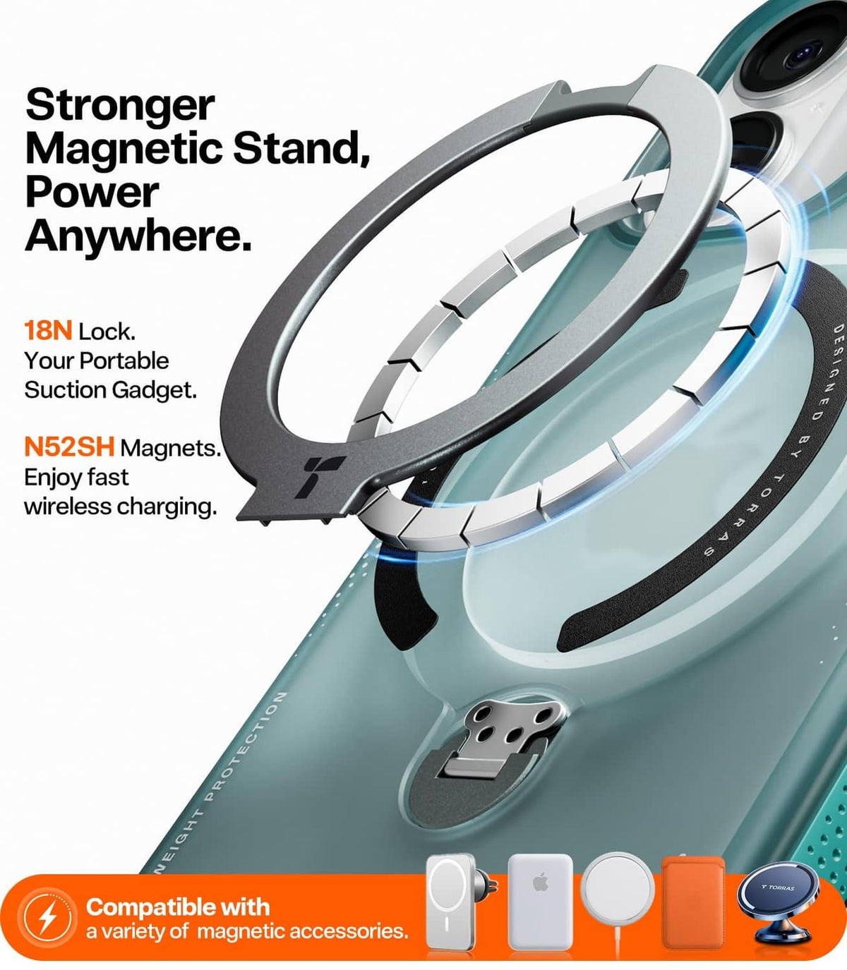 Teal phone case with circular stand ring and grip rails around the edges