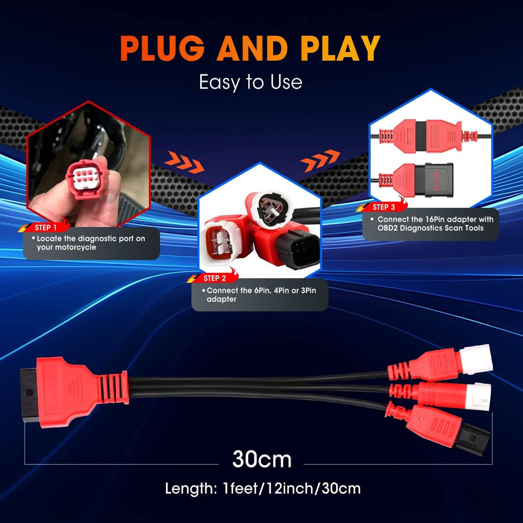 OBD2 adapter cable with red connector ends and black cable, 30cm length