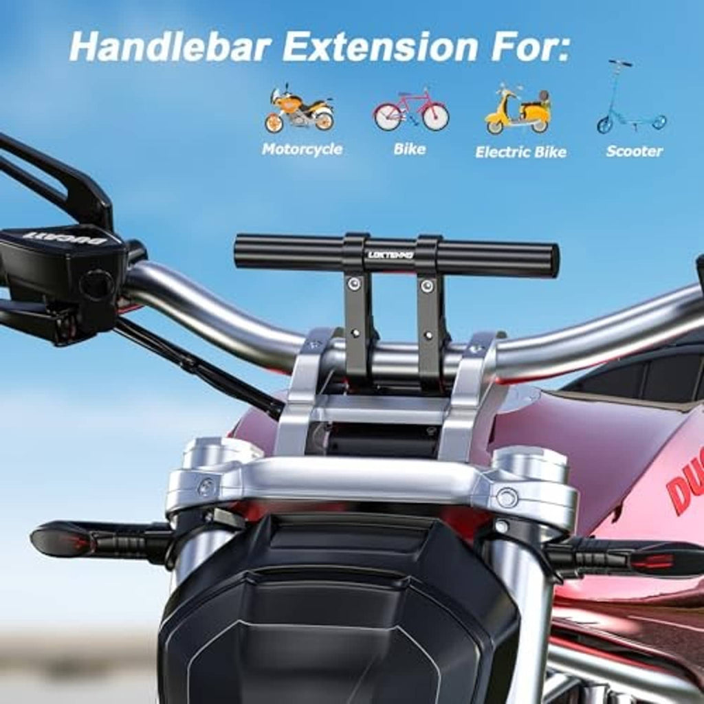 Handlebar extender mounted on a bike with black bar grips and metal clamp plates