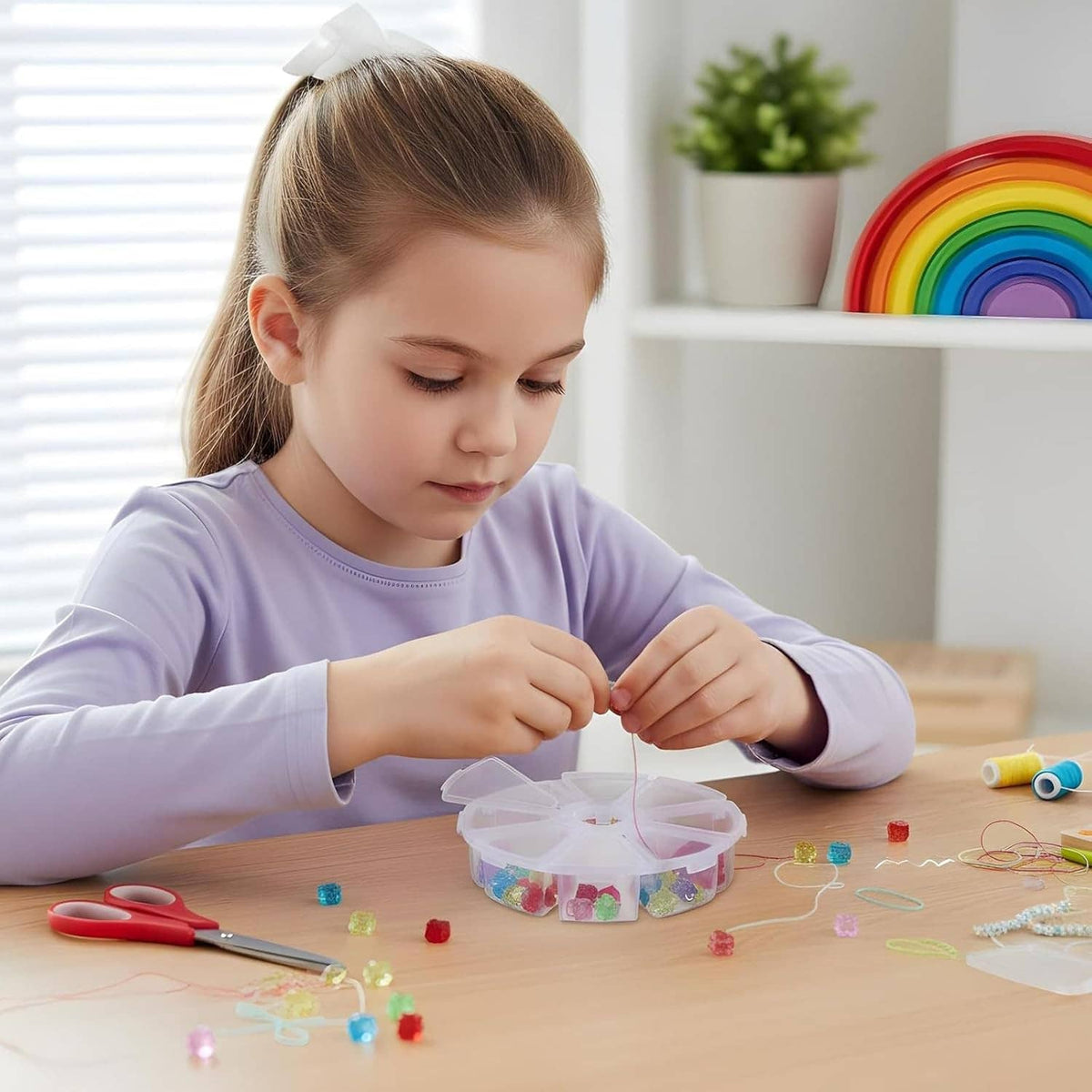 Round clear plastic 8-compartment organizer box beside children’s craft supplies