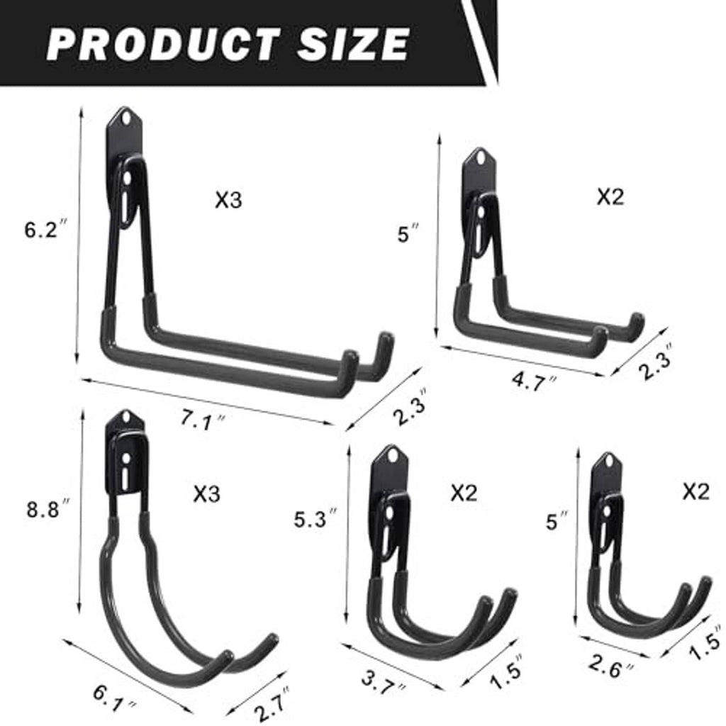 Black shelving hook size diagram with U-hook measurements and mounting bracket length.