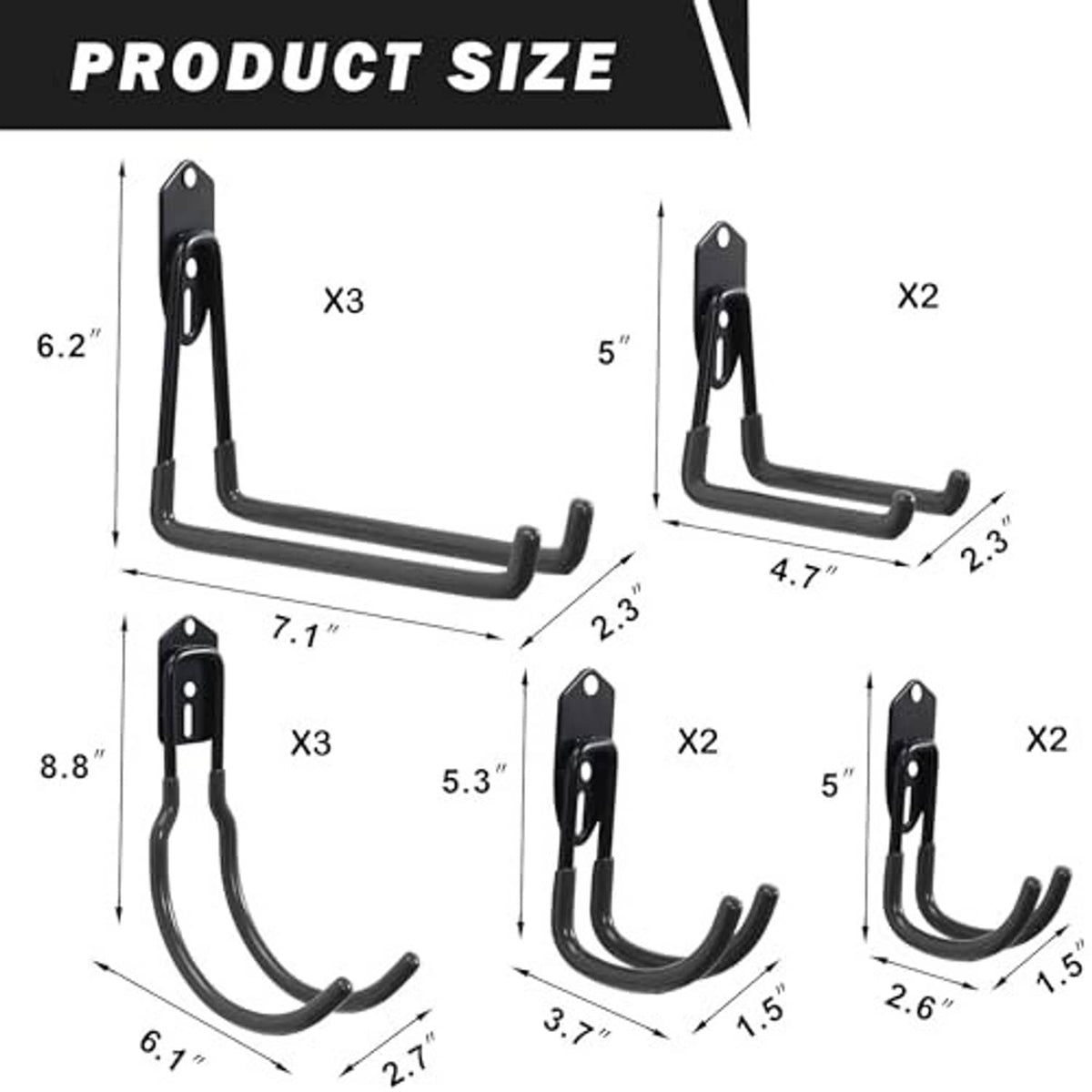Black shelving hook size diagram with U-hook measurements and mounting bracket length.