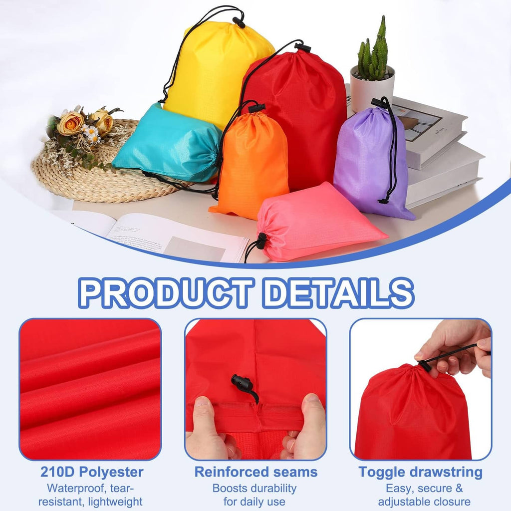 Pink drawstring stuff sack with black toggle cords, compact folded pouch