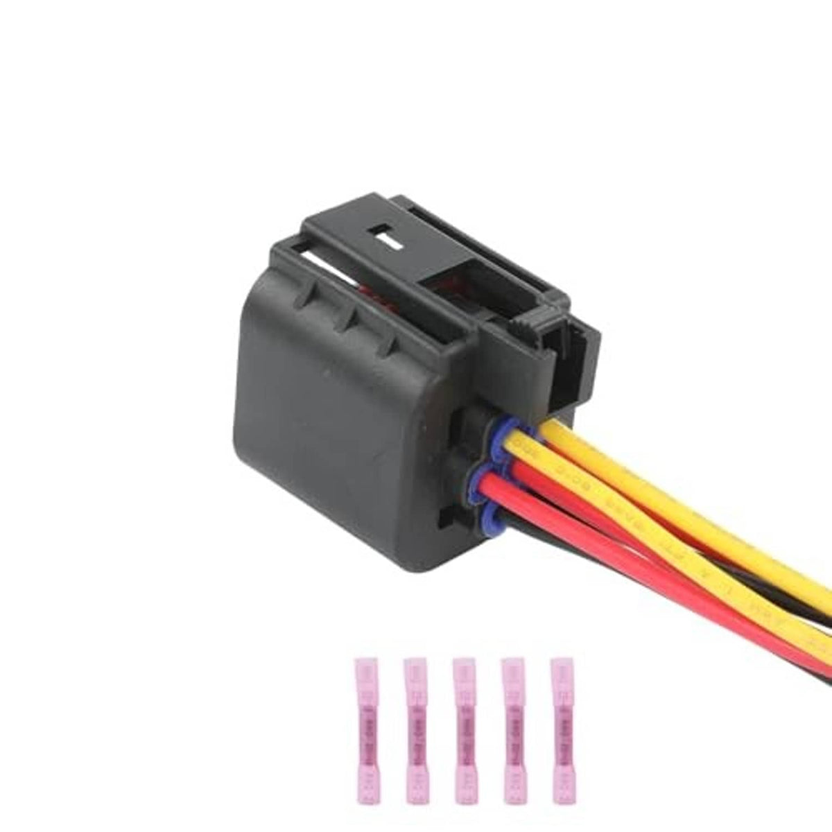 4-wire headlight sensor connector housing with red, yellow, and black wires and terminal slots