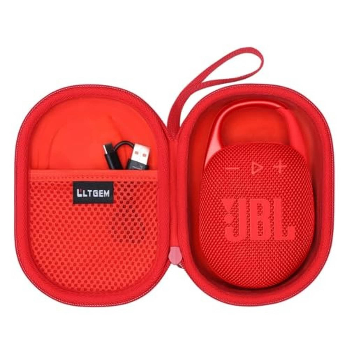 Red JBL Clip speaker case, open for storage with molded speaker bay and carry loop