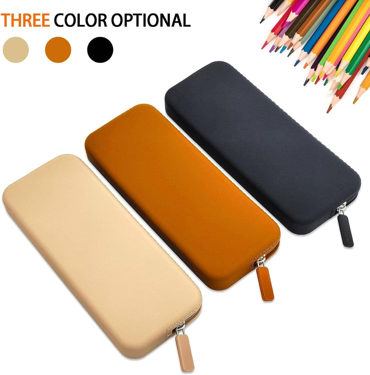 Three color silicone pencil cases with zipper: beige, orange, and black