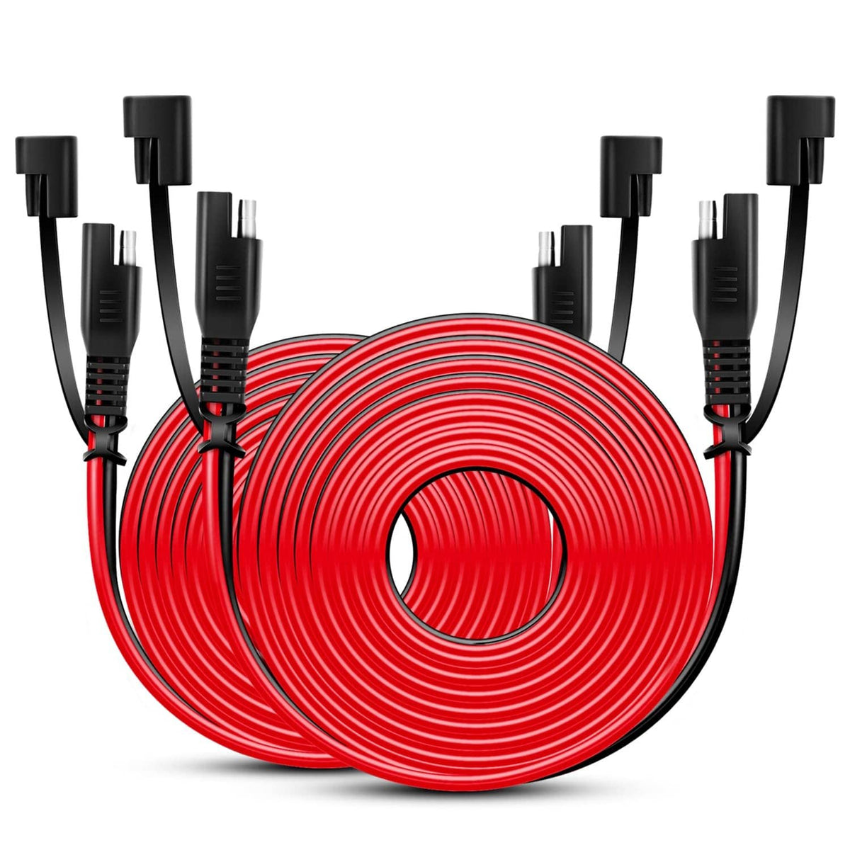 Red 12ft SAE-to-SAE extension cable, coiled with two-pin black connectors