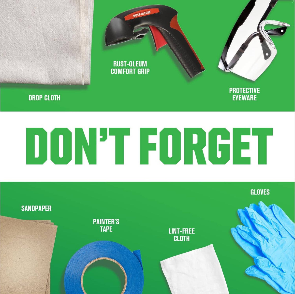 Preparation supplies graphic: drop cloth, gloves, painter’s tape, sanding pad