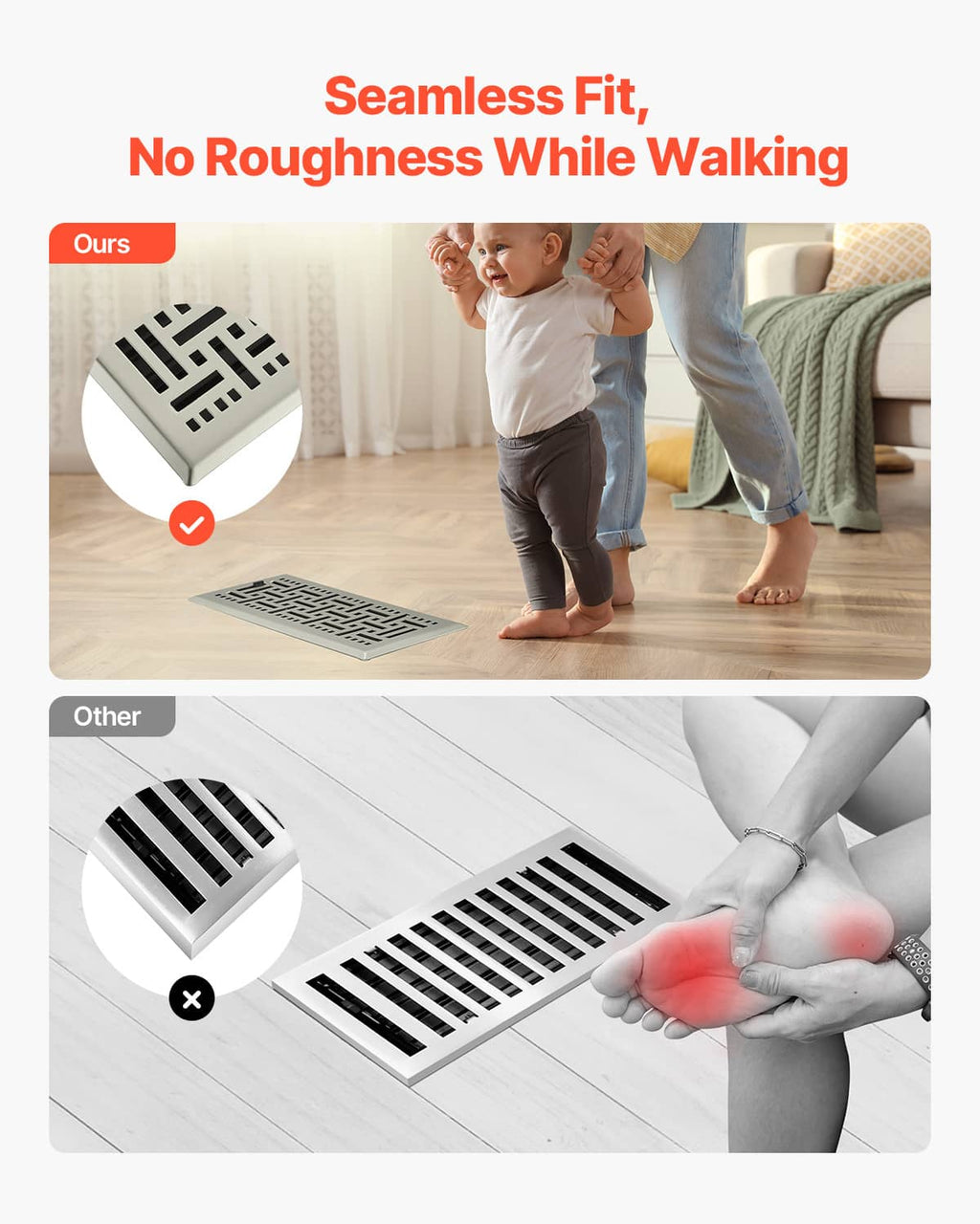 Nickel-plated floor vent grille with flush top design over walking surface