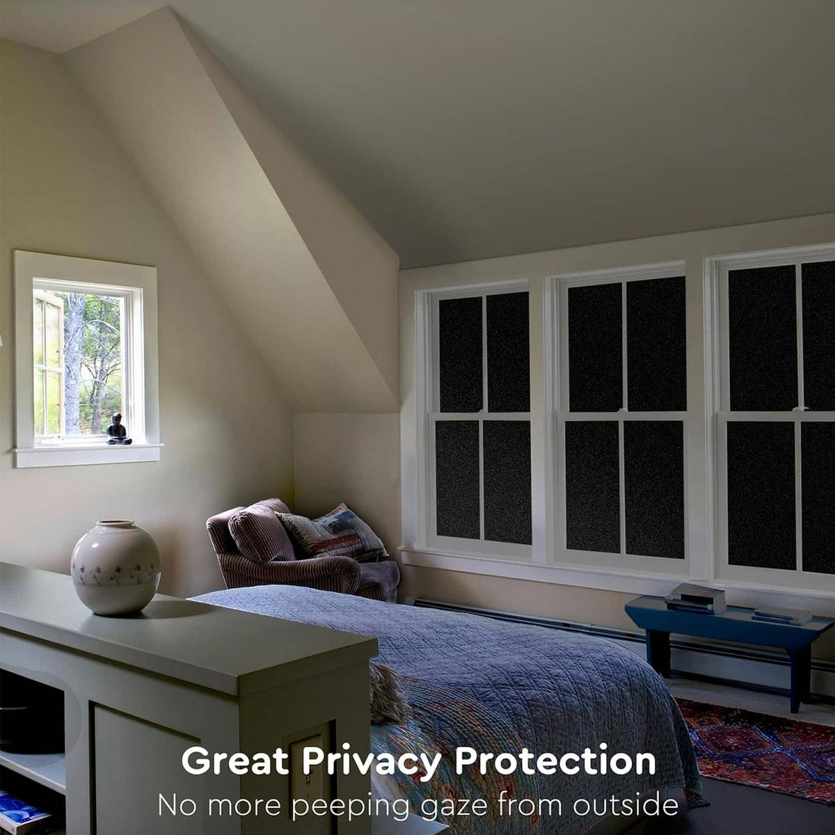 Black blackout window film installed on upper and lower window sections