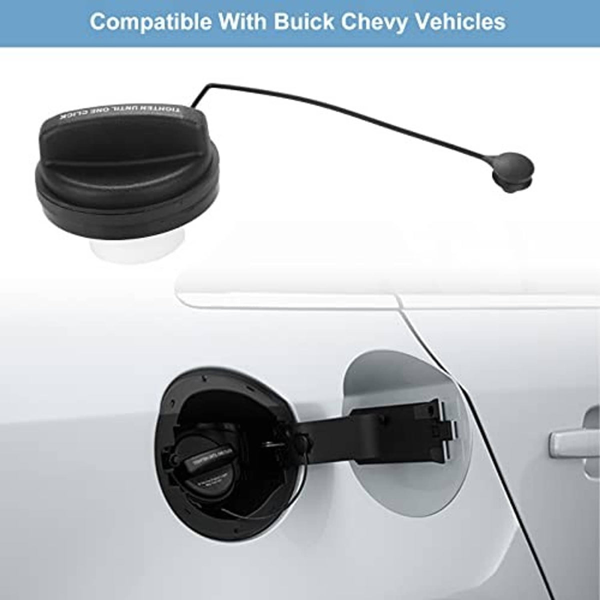 Fuel tank filler cap assembly installed on car with tether cord
