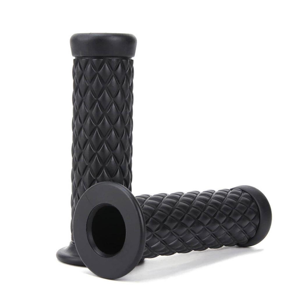 Black rubber motorcycle hand grips with diamond tread pattern and central mounting hole
