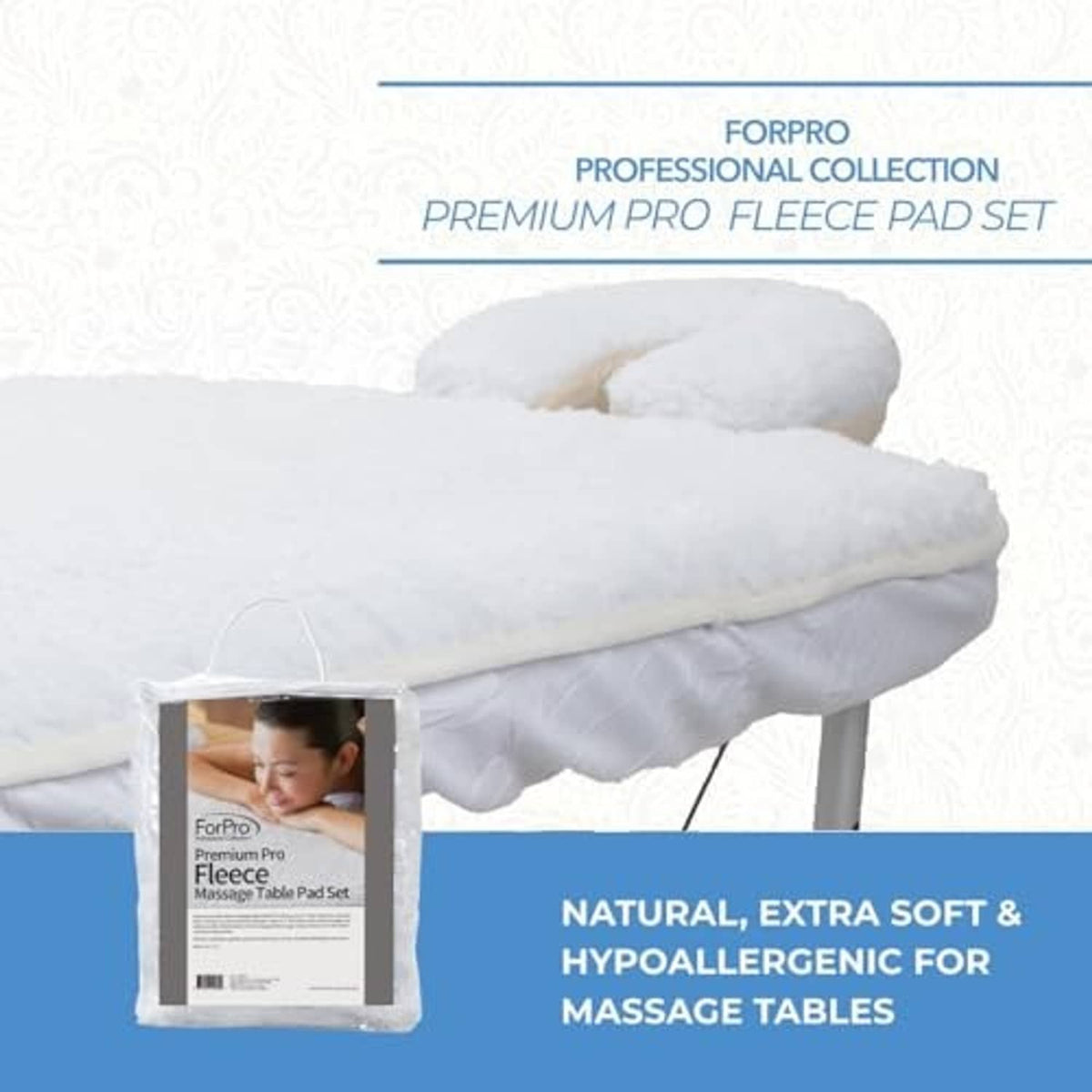 ForPro Premium Pro fleece pad set on massage table, shown with packaged set