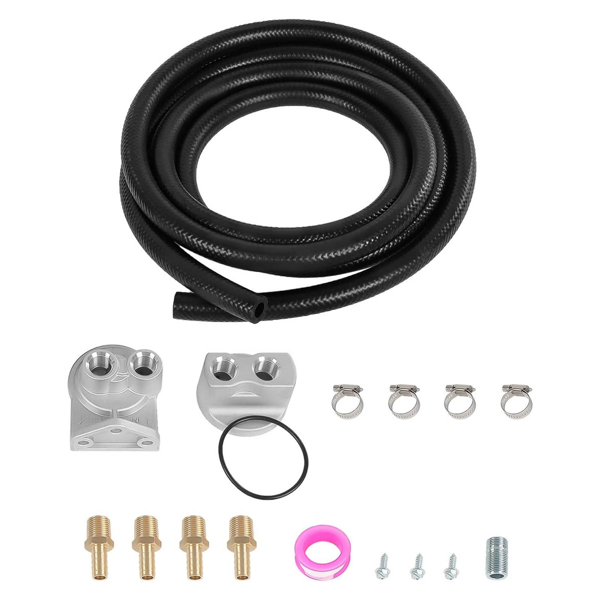 Oil filter adapter kit with coiled black 10-ft hose, clamps, fittings, and O-ring