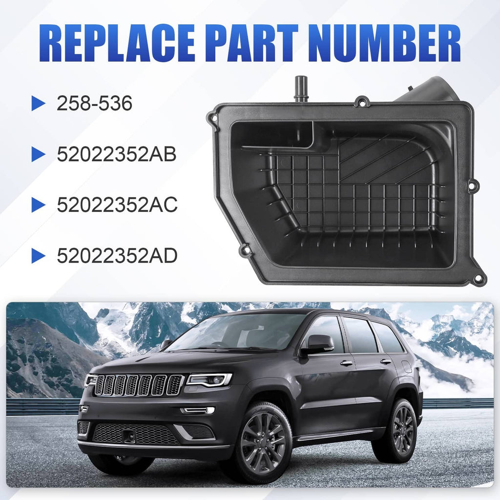 Black air filter housing with sealed interior grille and mounting holes; hardware included.