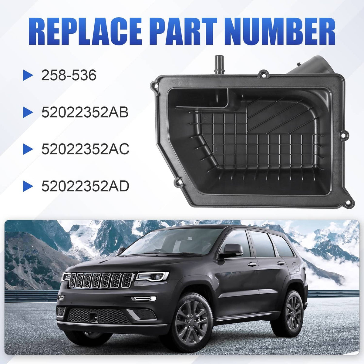 Black air filter housing with sealed interior grille and mounting holes; hardware included.